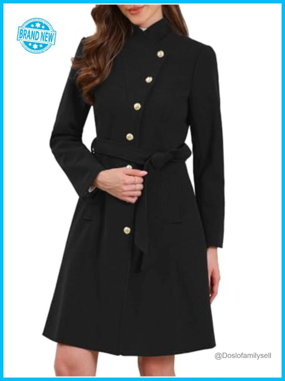 Women's Long Belted Pea Coat Stand Collar Trench Coat Winter